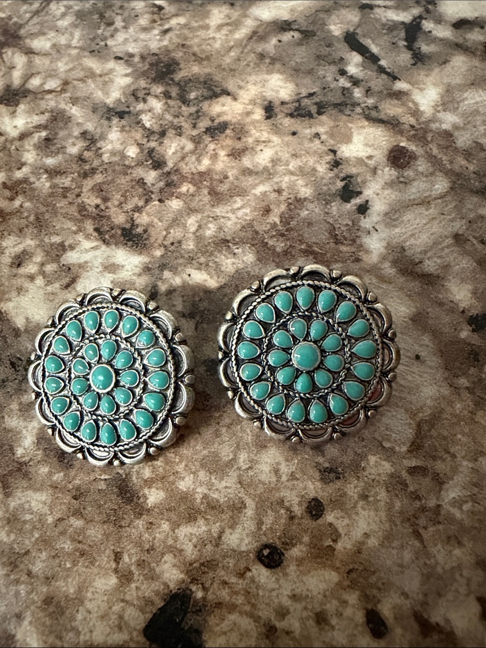 Turquoise Cluster Silver-Tone Floral Earrings